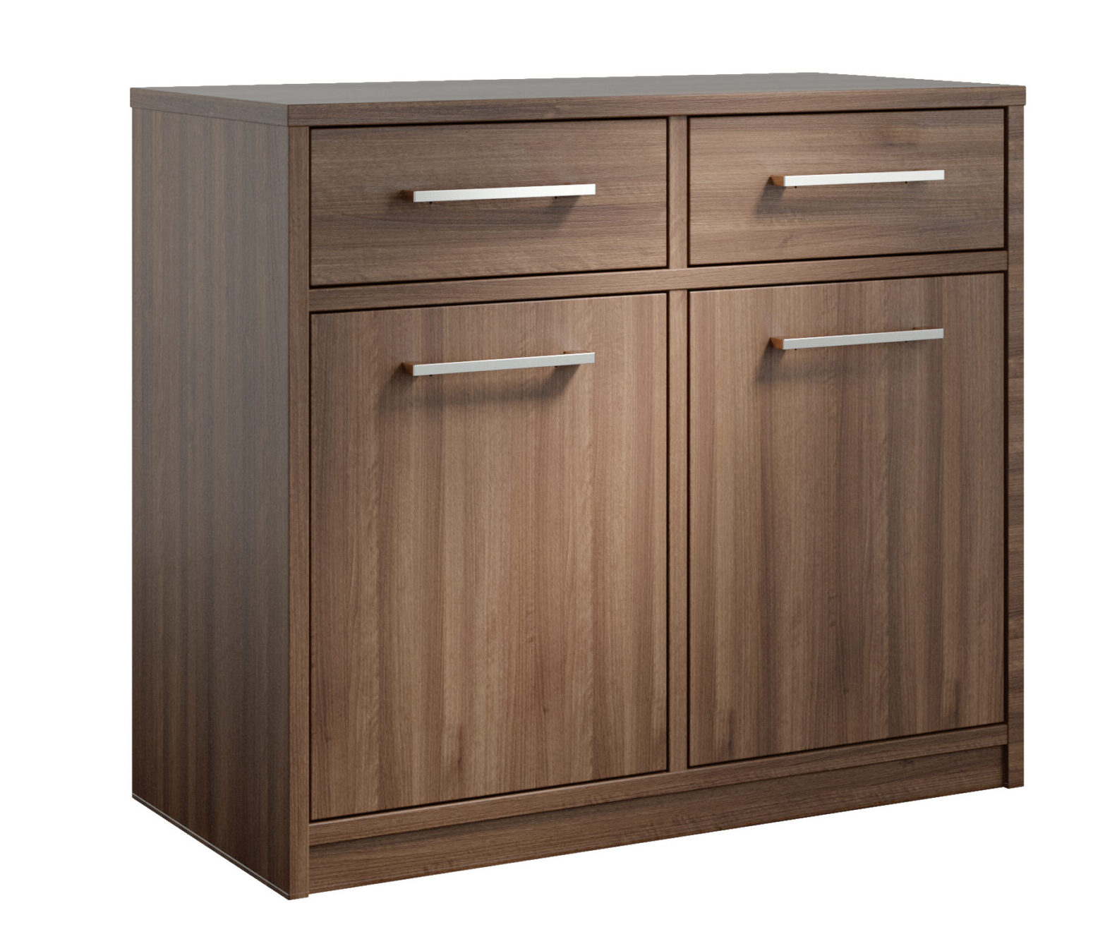 dark brown wood coloured sideboard with 2 doors and 2 drawers