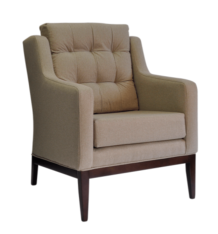 Mid back armchair with button back detail and dark wood legs