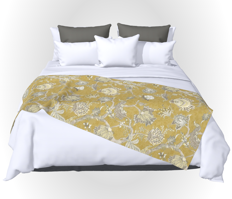 Eve Cornmil Fabric for Curtains, draped over a bed