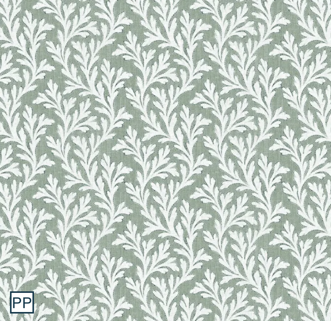 Frinton Elm. FR curtains with delicate sprig leaf design in green