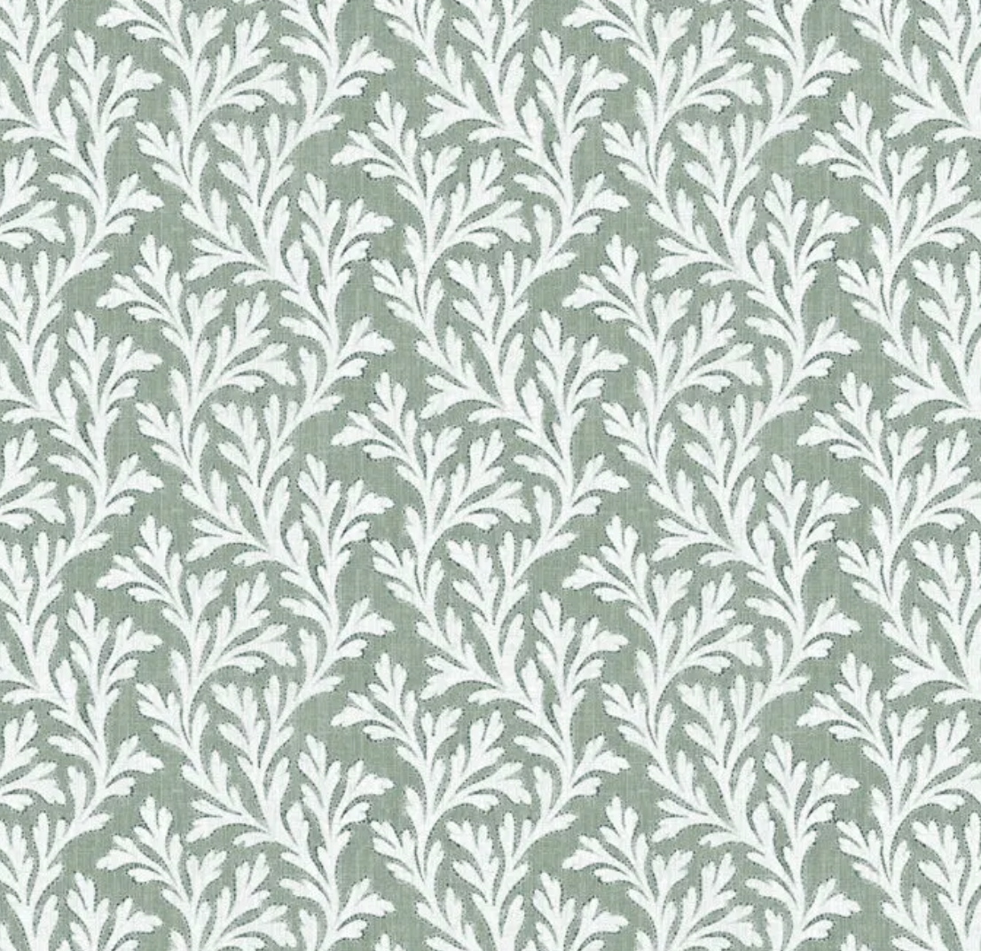 Frinton Elm. FR curtains with delicate sprig leaf design in green