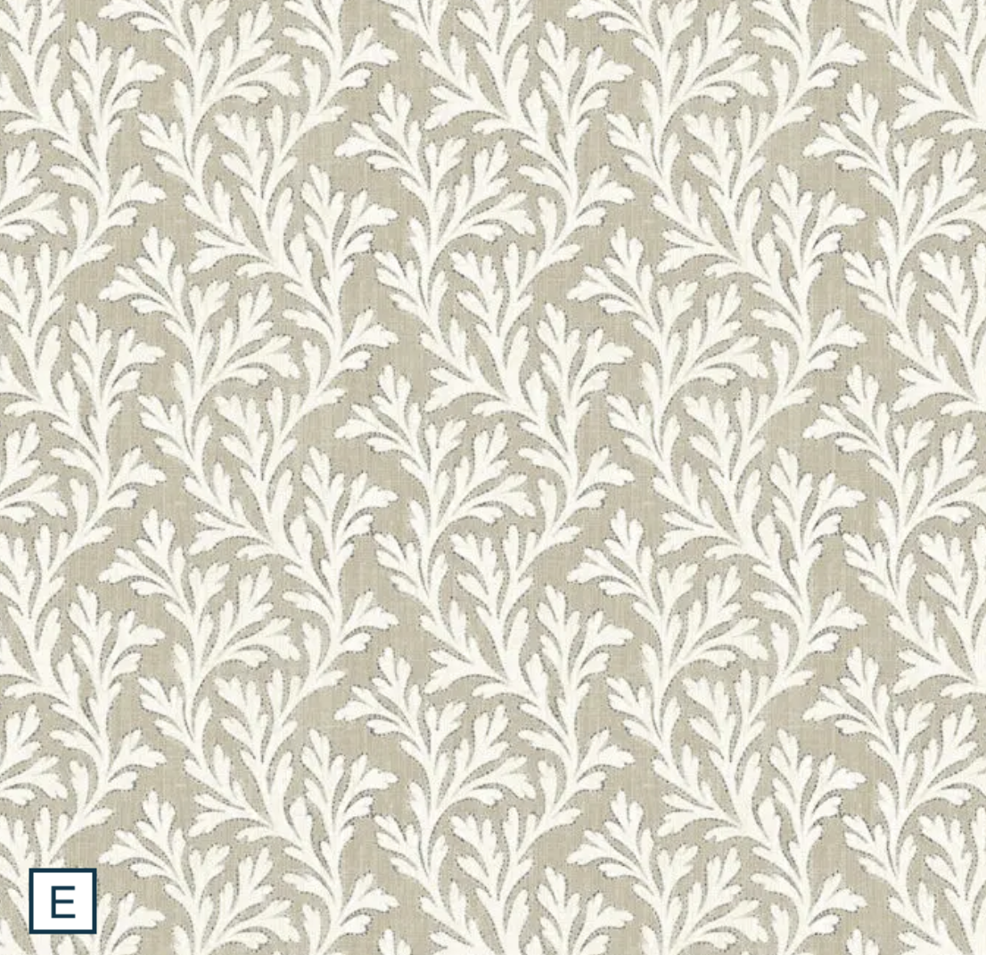 Frinton Stone. FR curtains with delicate sprig leaf design in stone