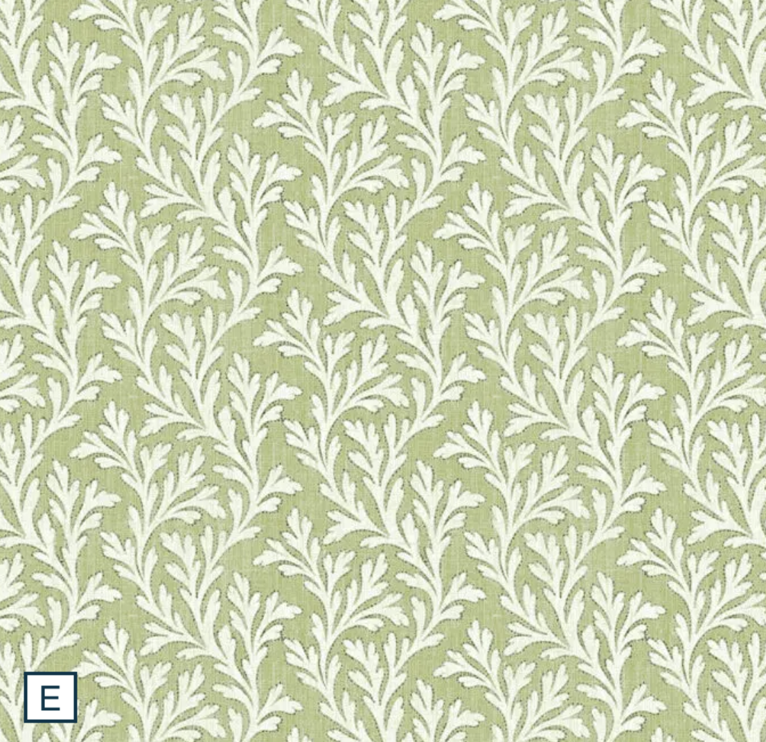 Frinton Wasabi. FR curtains with delicate sprig leaf design in green