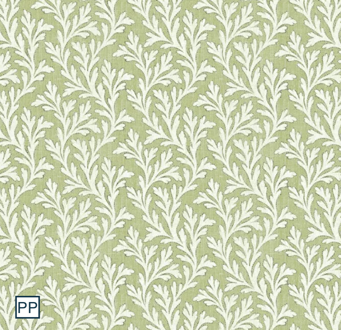 Frinton Wasabi. FR curtains with delicate sprig leaf design in green
