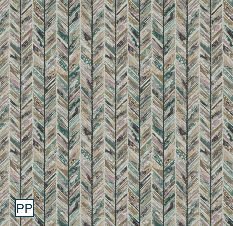 Pencil pleat curtains for care homes in herringbone design Nourish Peacock