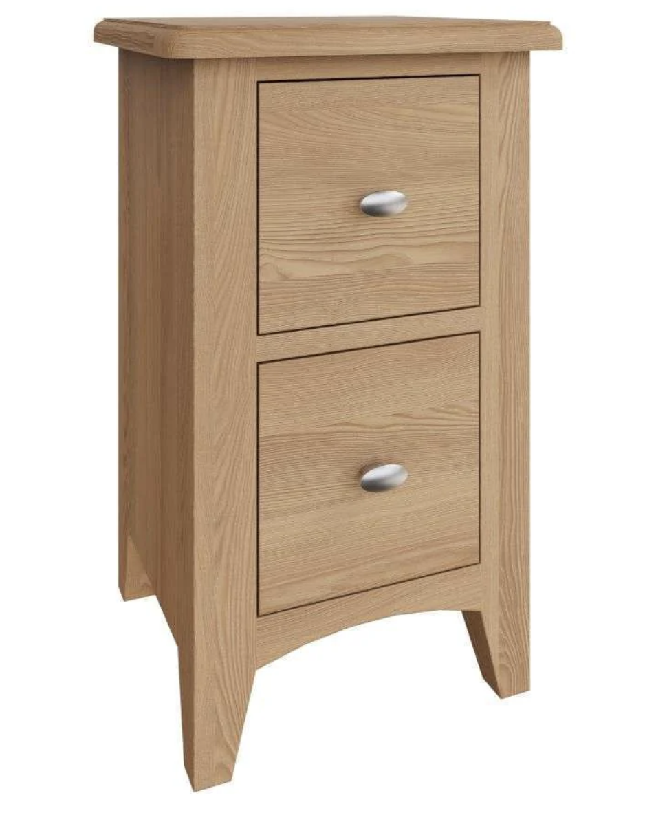 2 drawer solid wood bedside in light oak with brushed stainless knobs