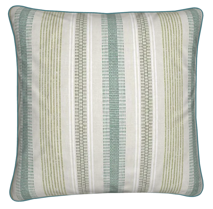 Flame resistant striped cushion in green and blue on a cream background