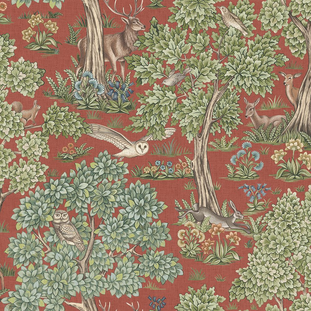 FR Furnishing fabric in rust colour with a woodland scene print.
