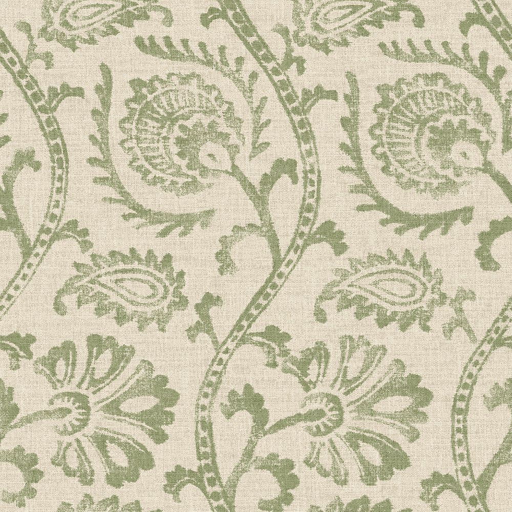 Cream furnishing fabric with sage green design