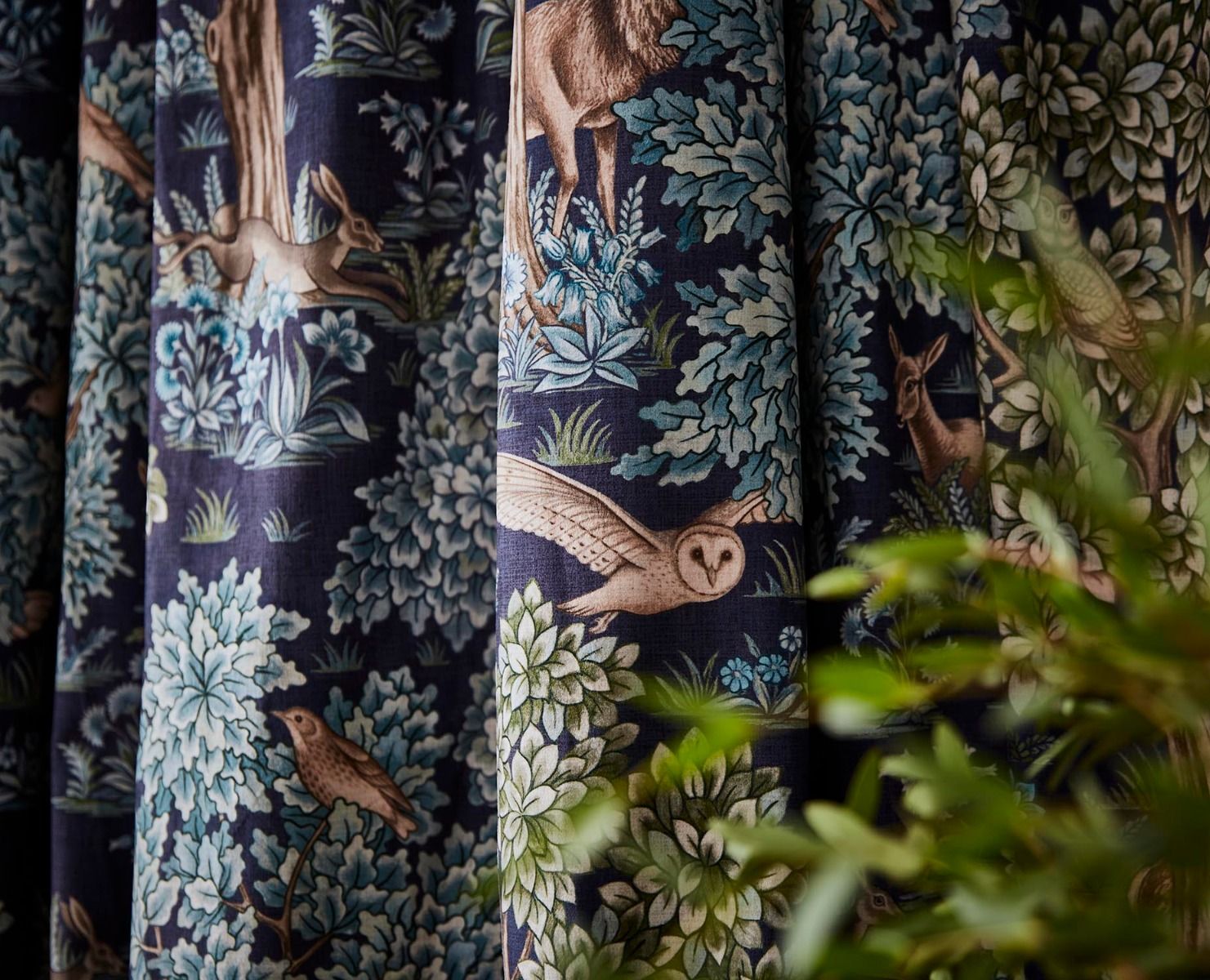 Dark blue fire retardant Curtains with forest scene print desig