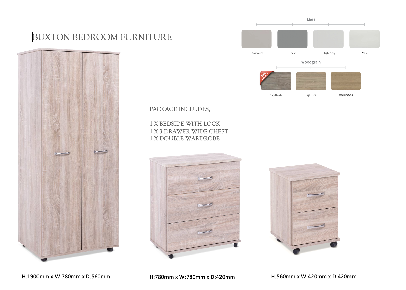 Bedroom furniture set including a double wardrobe, chest of drawers and bedside cupboard in a light oak colour