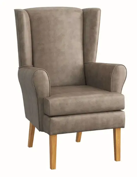 Orthopaedic wing chair covered in beige fabric