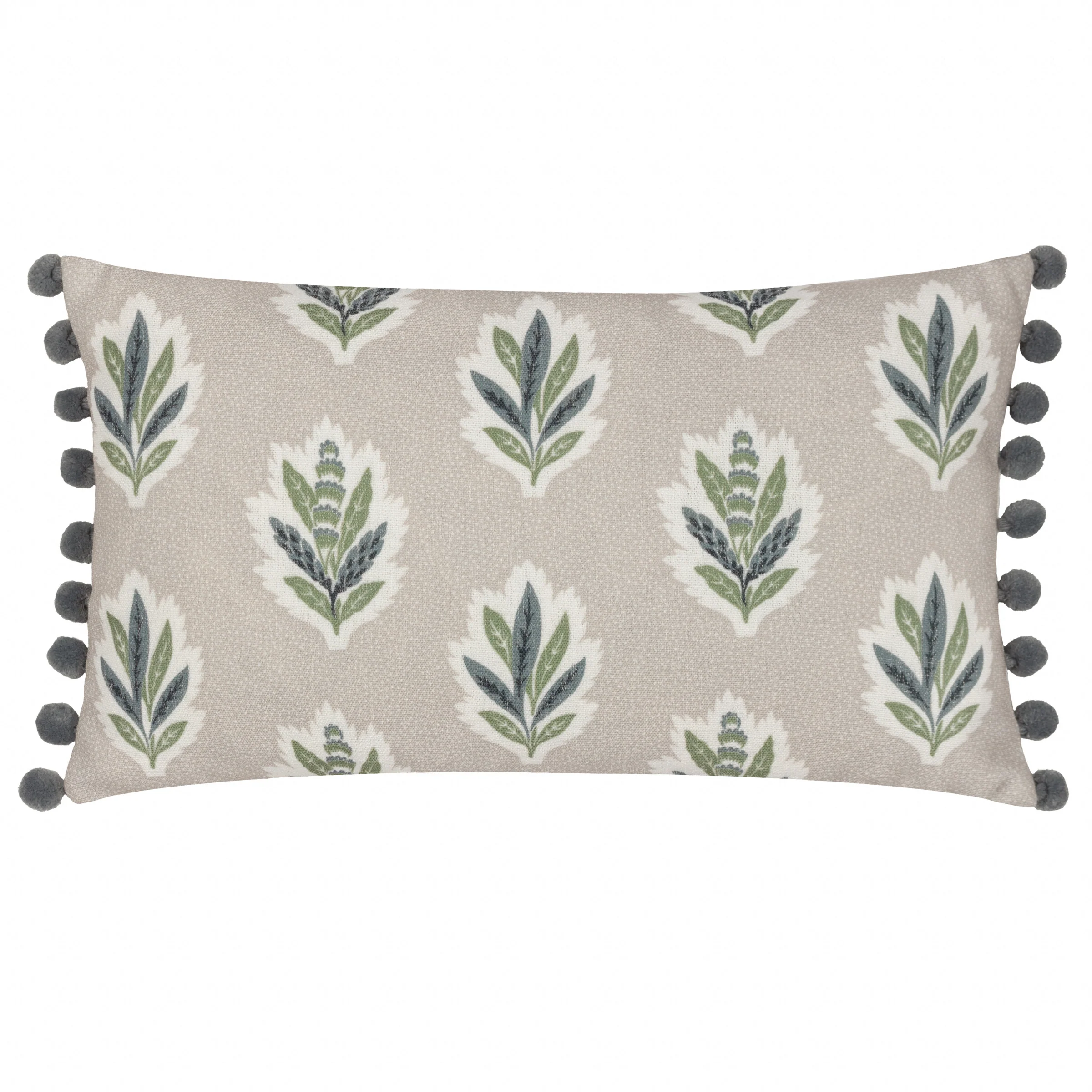 Beige and blue rectangular cushion with sprig design and striped back