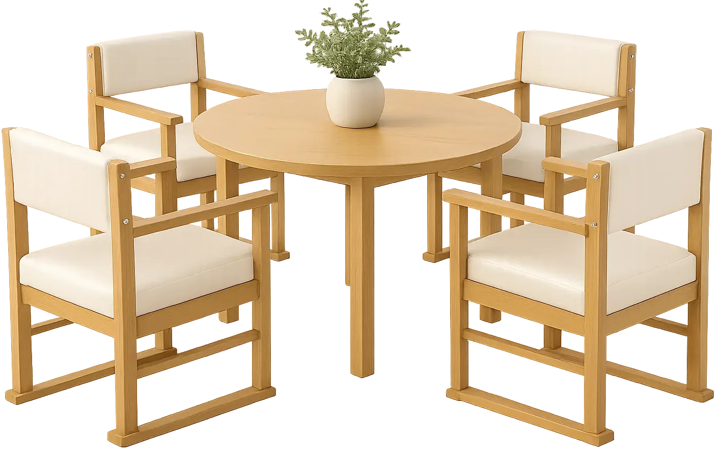 Dining table and 4 x dining chairs in cream upholstery.