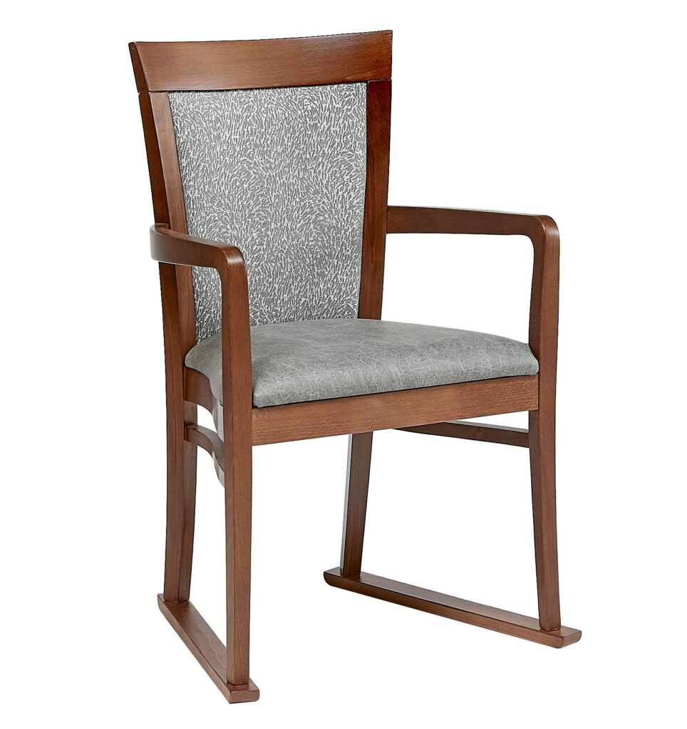 Care home dining chair in walnut with grey waterproof fabric