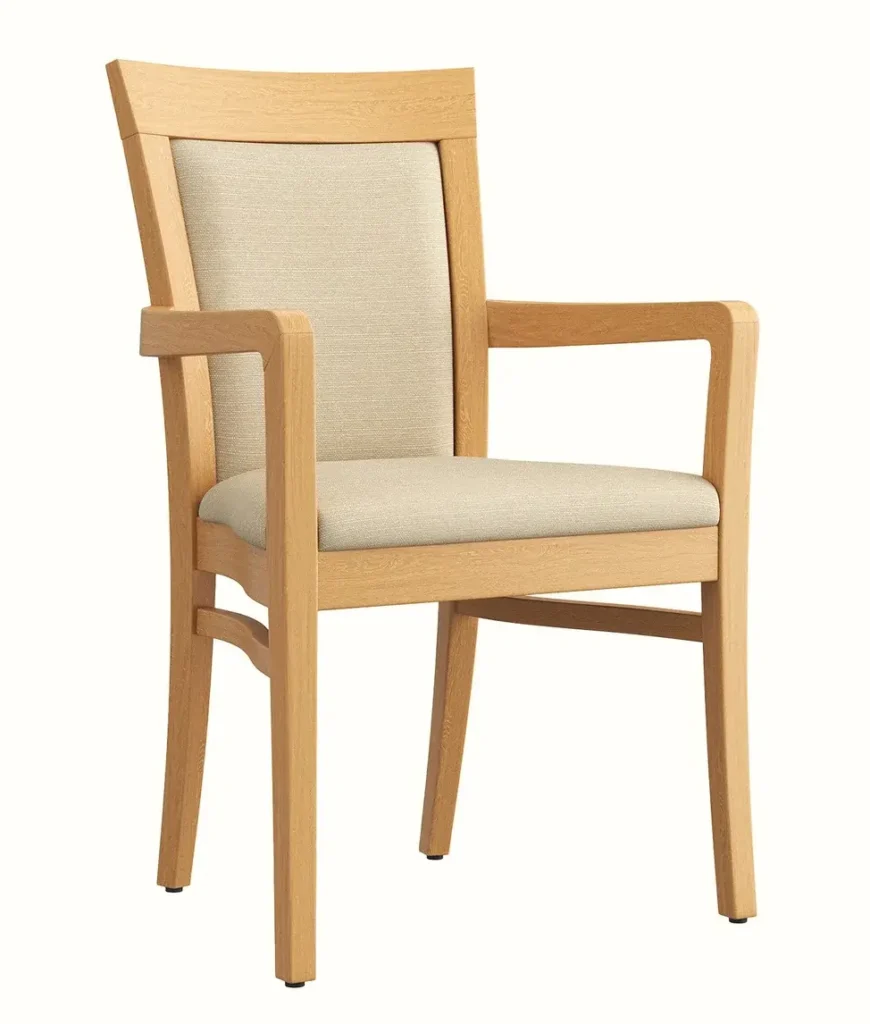dining armchair with cream uphoilstery and light wood frame
