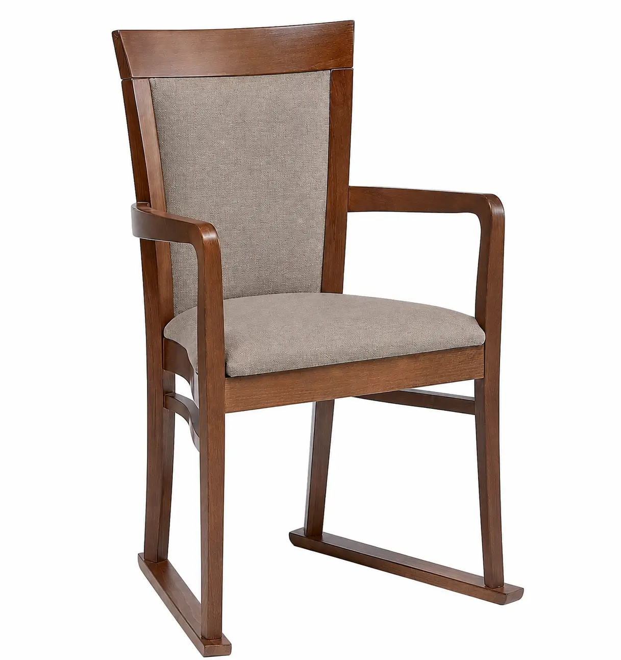 dining chair with arms with walnut coloured wood and beige upholstery