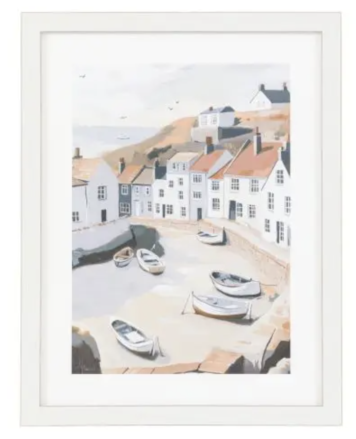 Coastal artwork in a white frame