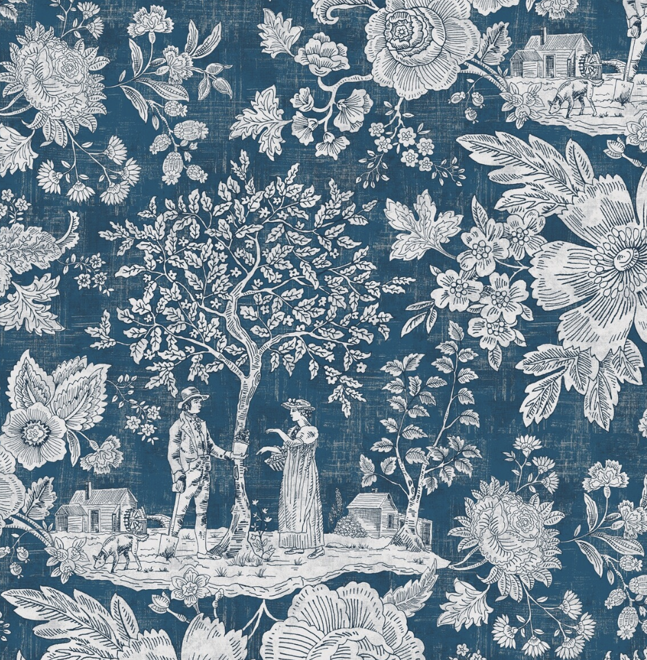 Curtain fabric with a blue toile de joy pattern in blue