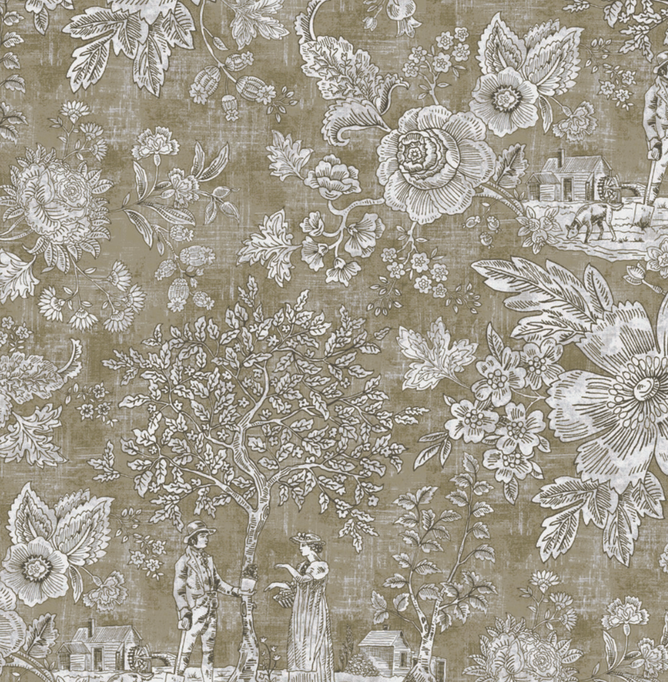 Beige coloured curtain fabric with a toile de jouy pattern
