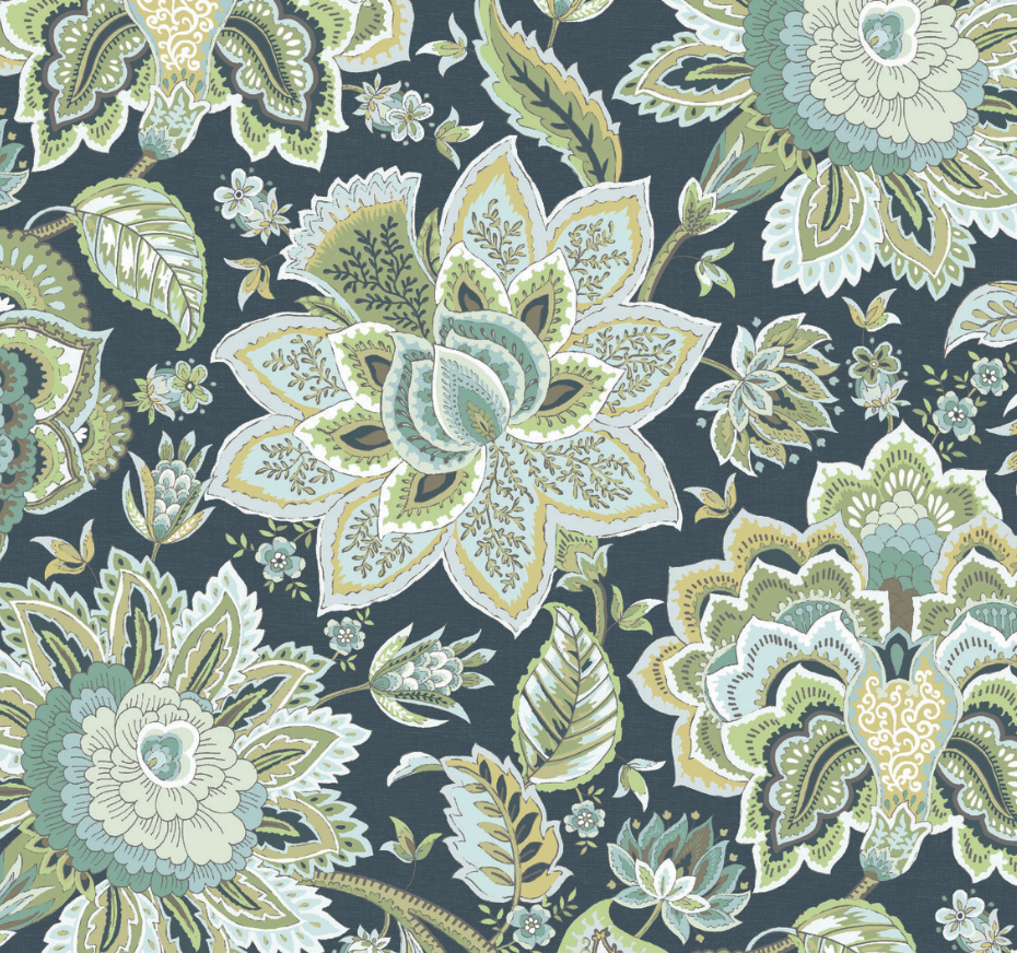 green floral design printed on a dark navy background curtain fabric