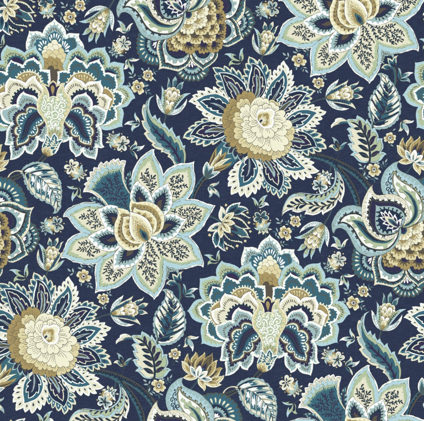 green floral design on a dark blue background curtain fabric