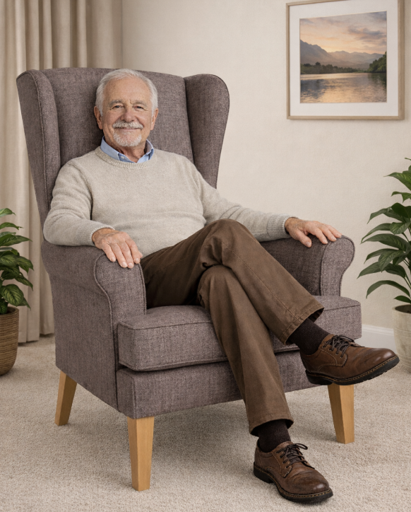 Smiling man sitting in a beige wing chair