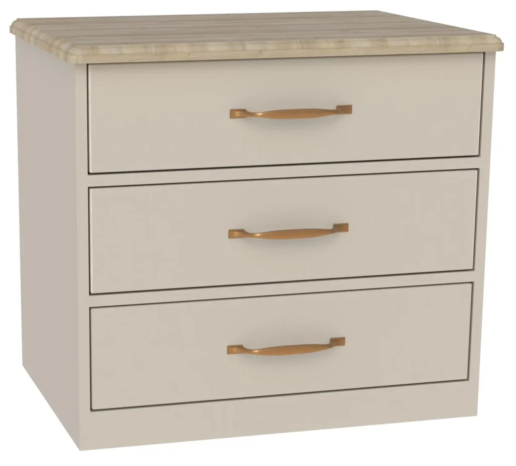 Chest of Drawers in cream with wooden top and gold handles