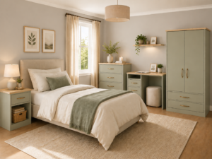 Bedroom scene with sage green coloured wardrobe and drawers 