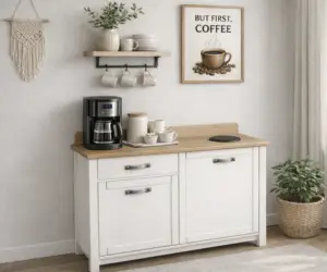 shaker styled coffe station in cream painted and oak top