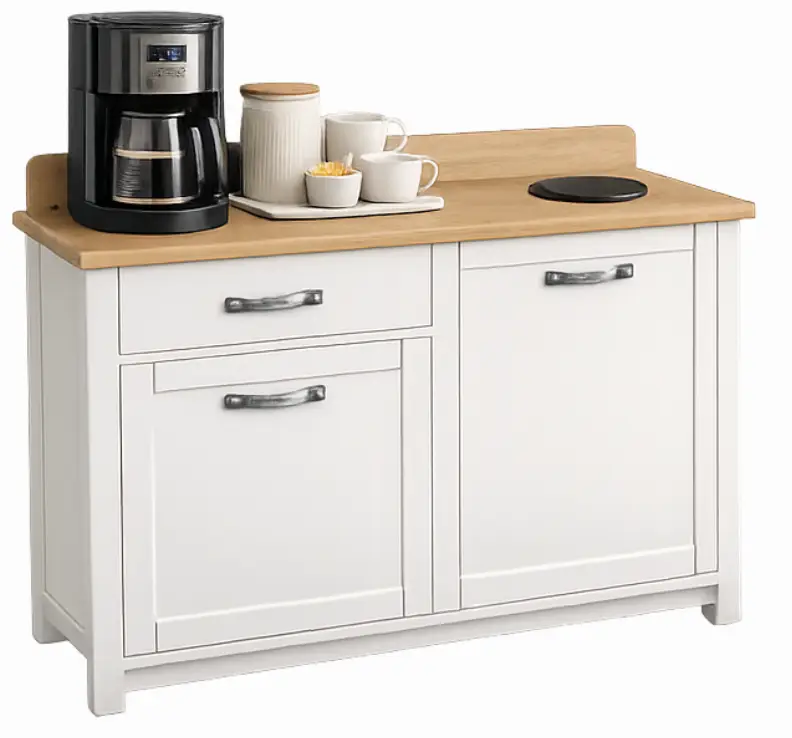 Coffee station with cream painted sides and oak wooden top.