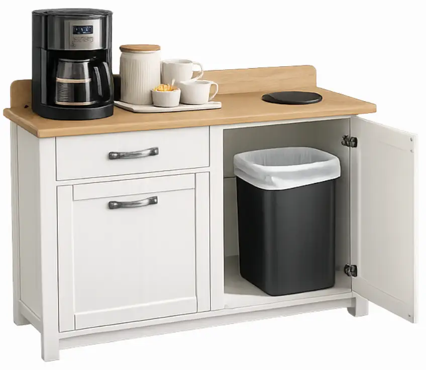 cream painted coffee station with an open door showing a rubbish bin inside.