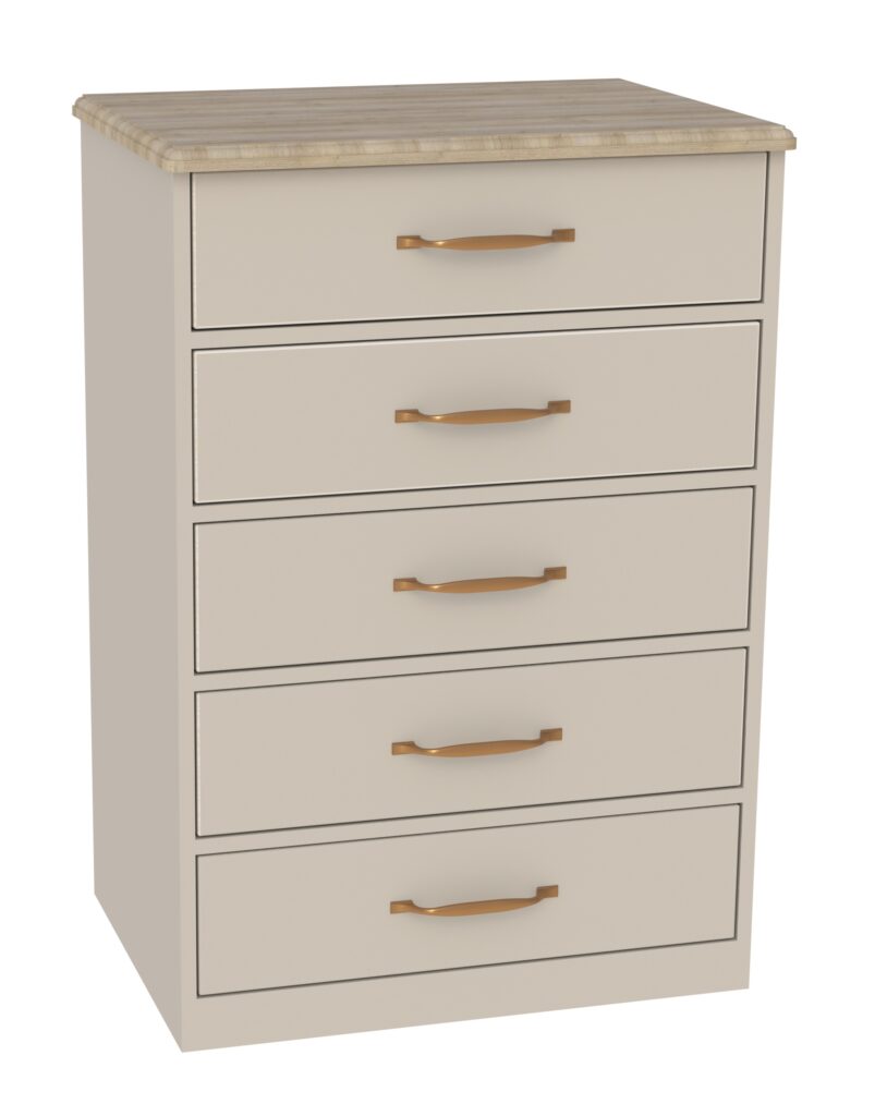 5 drawer chest of drawers in cream with a wood colour top